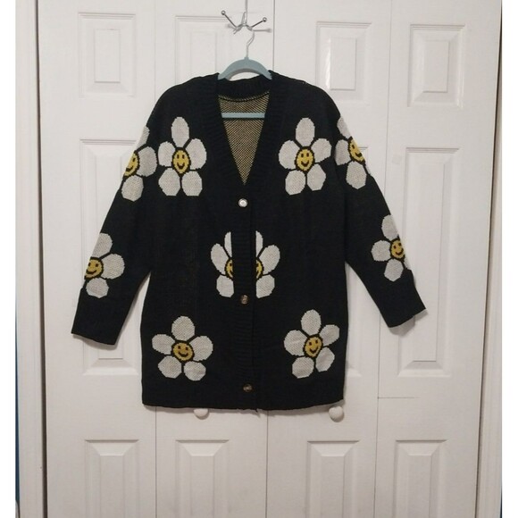 Womans Sunflower Smiley Face Cardigan Sweater Button Down Black Acrylic Light XL - Picture 1 of 4